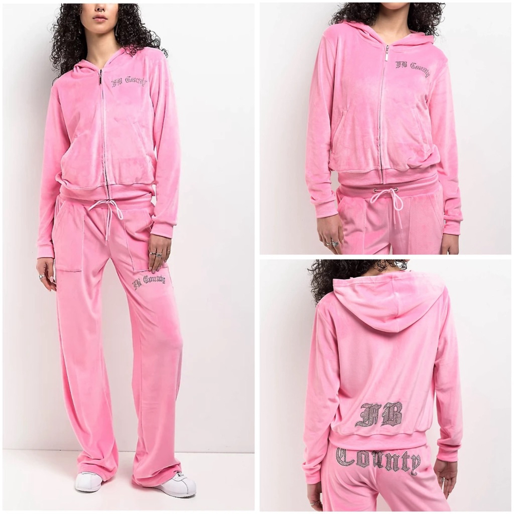 NWT FB County 2 pc Rhinestone Pink Velour Zip Hoodie & Pants Women’s Size Medium